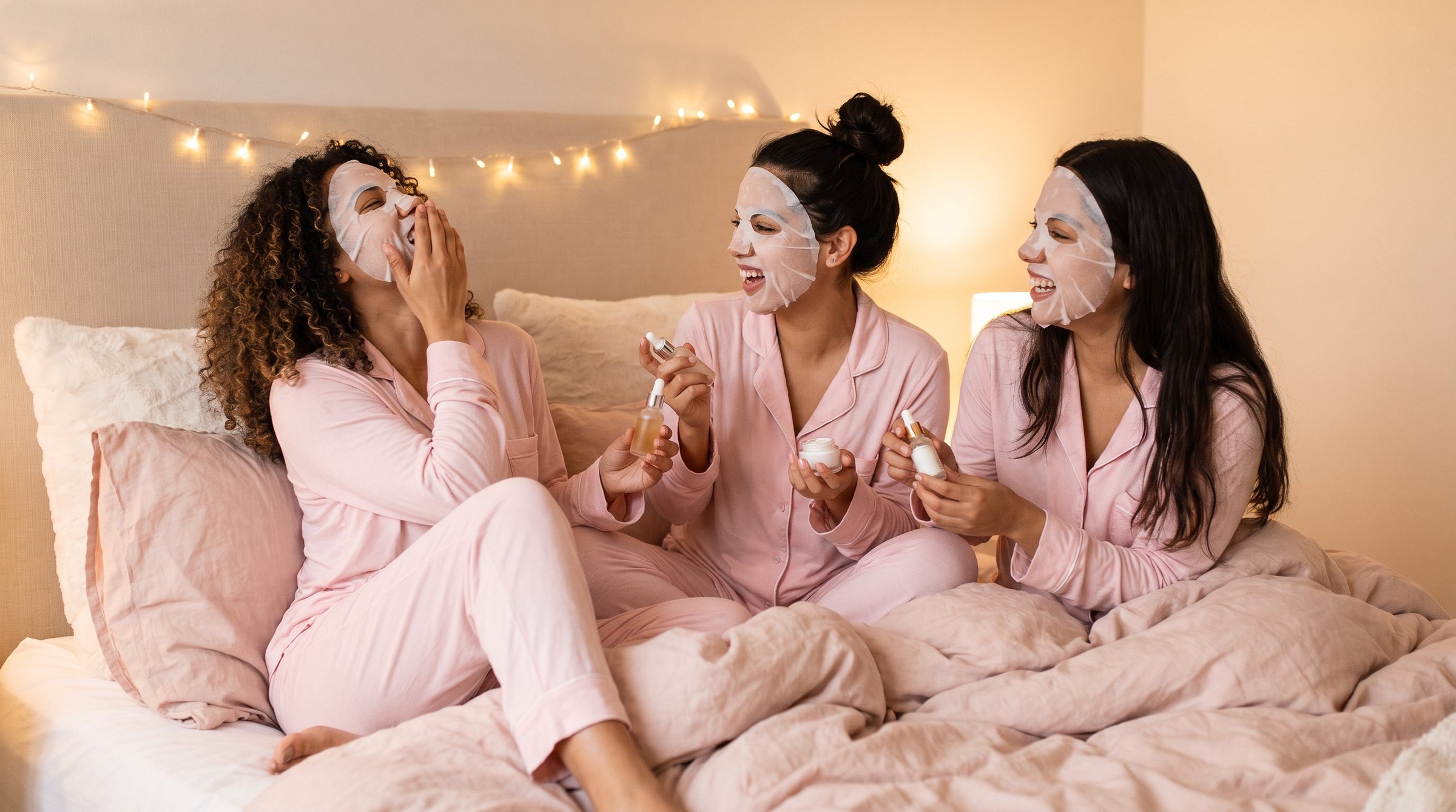 Tres amigas riendo con mascarillas de tela durante una noche de skincare