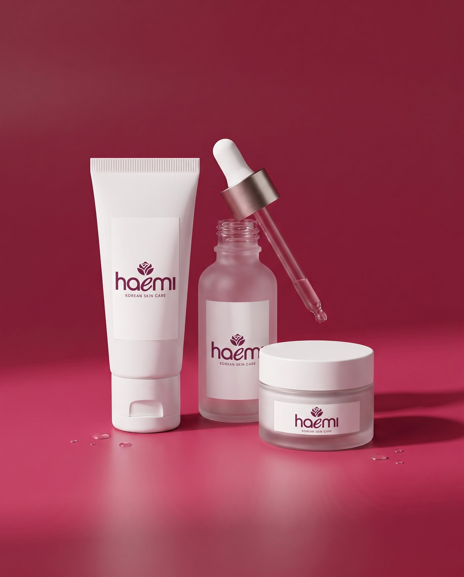 Tubo de protector solar, sérum con gotero y crema en frasco sobre fondo frambuesa
