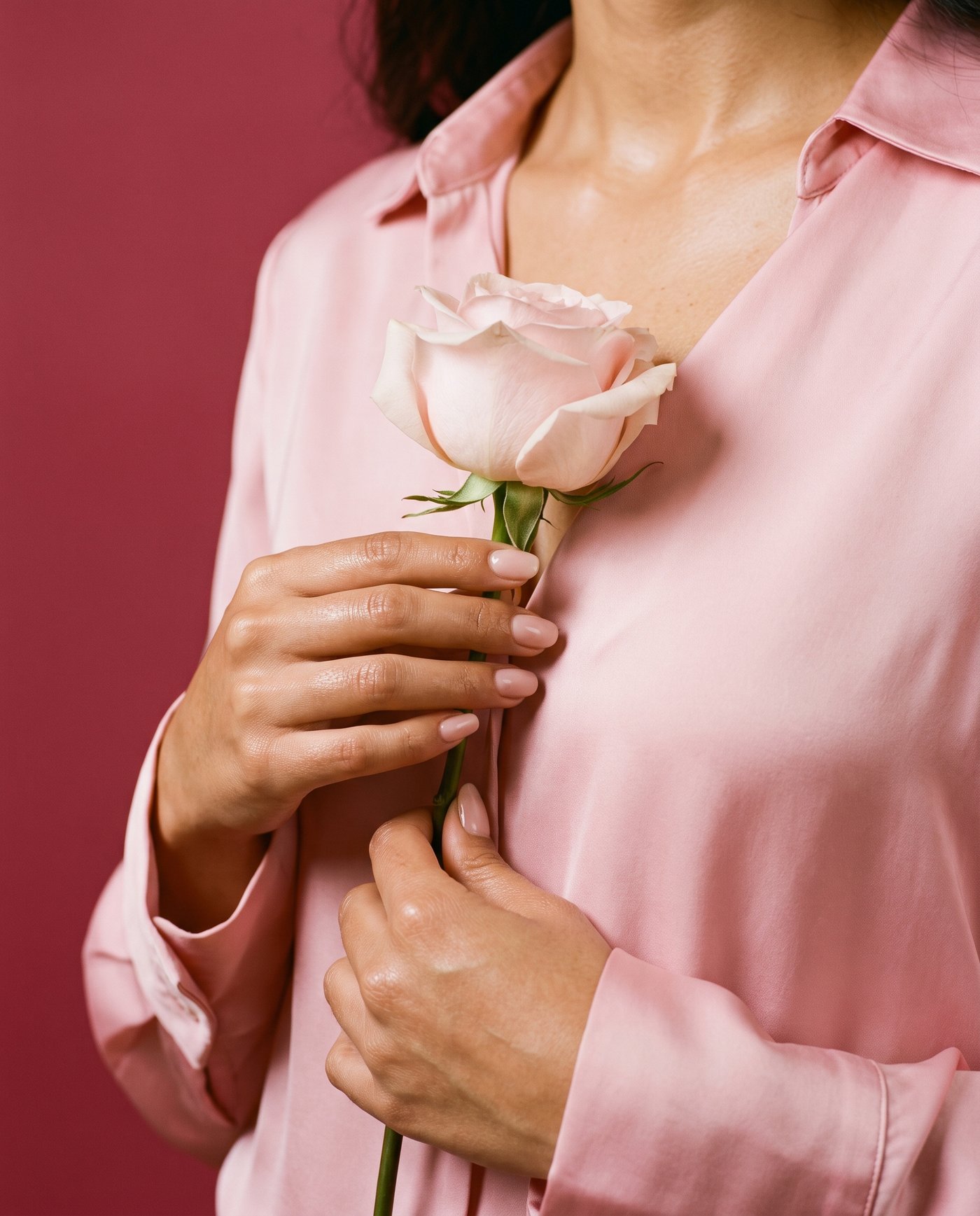 Manos sosteniendo una rosa rosada sobre una blusa de seda rosa